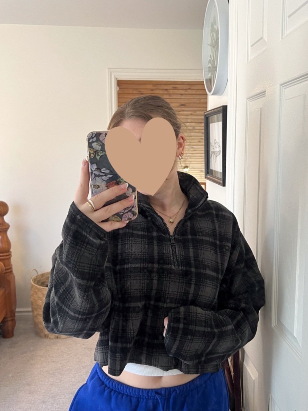 Cropped Plaid Fleece Quarter Zip Pullover Cozy Neutral Small